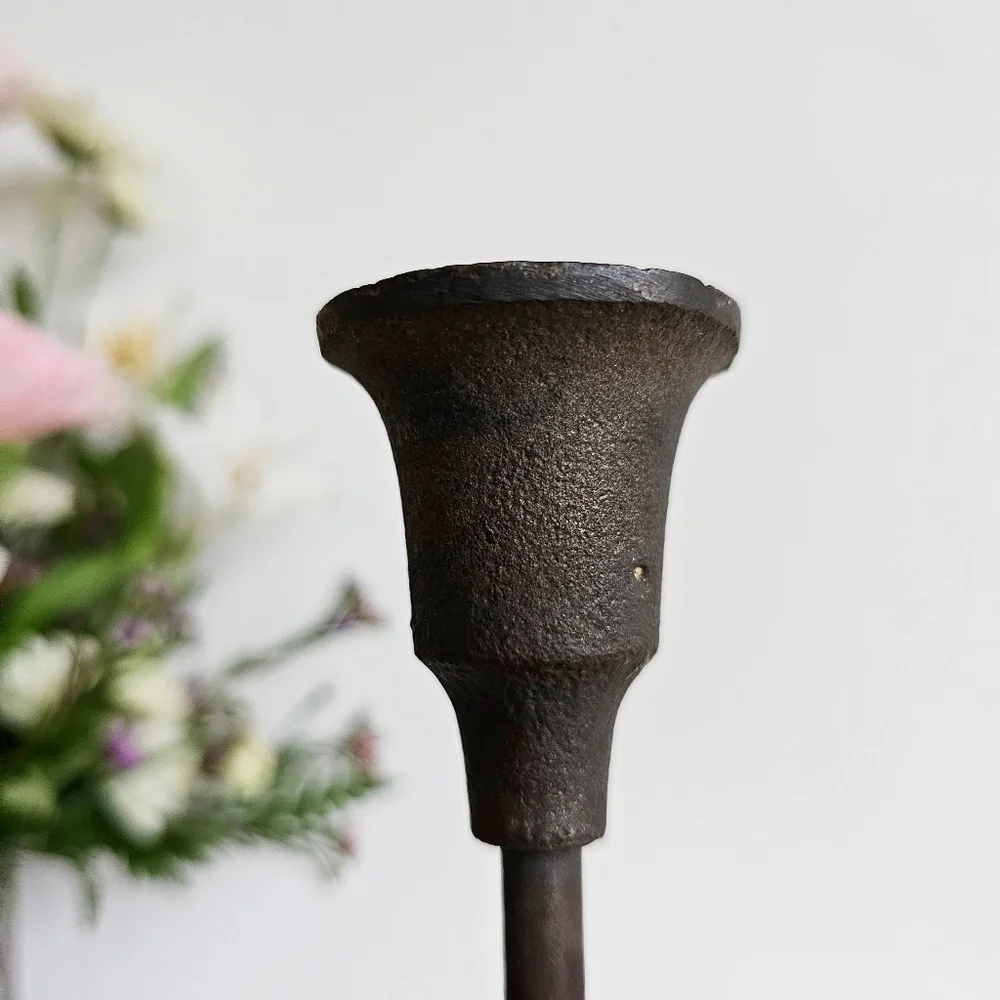 Antique Wrought Cast Iron Goth Candlestick Pillar CandleHolder & Green Candle